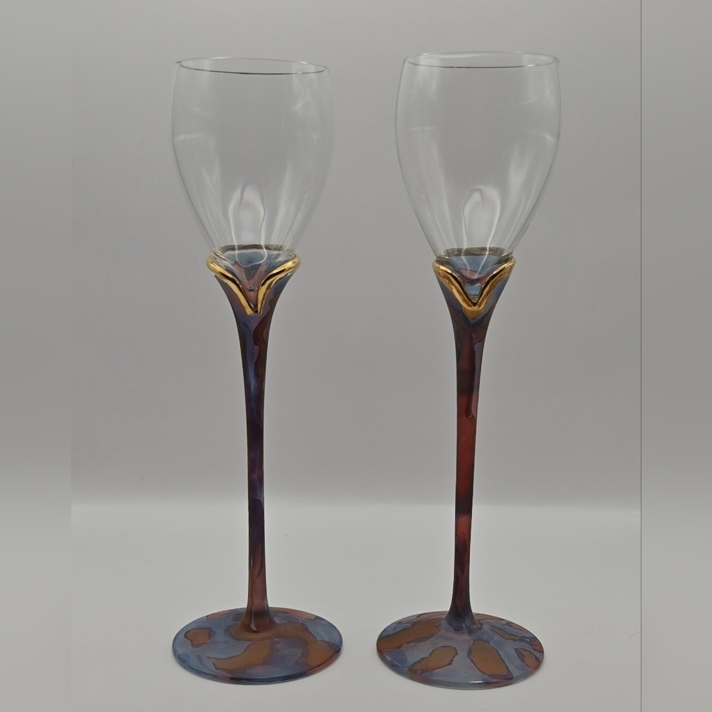Handblown Art Glass Wine Goblets Iridescent Copper Blue Pair
